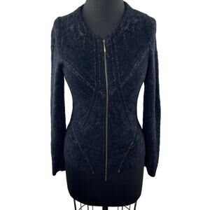 ALDOMARTINS Black Faux Fur Full Zip Sweater Jacket Long Sleeve Knit Fitted S SM